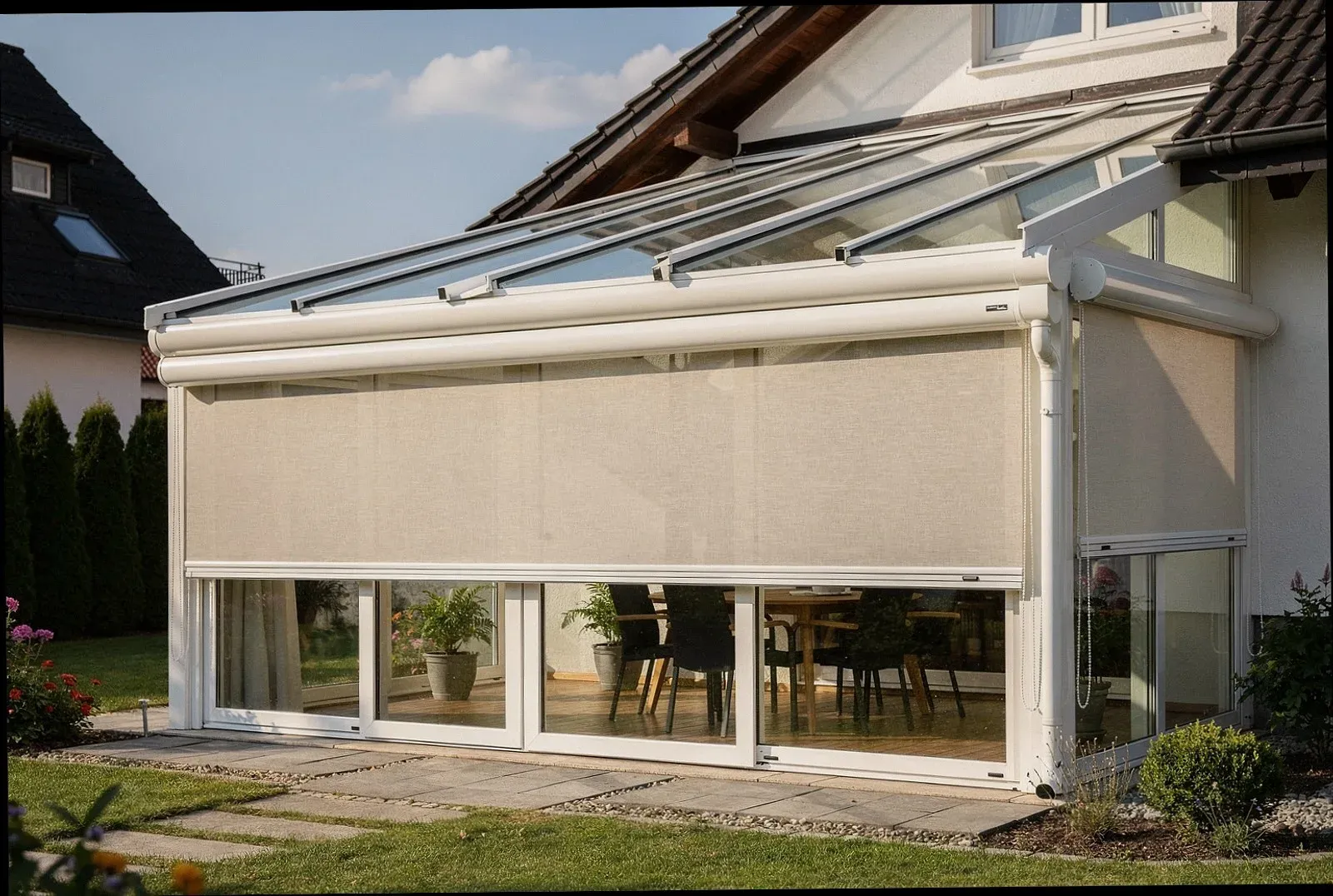 Außenliegender Sonnenschutz über dem Glasdach eines Wintergartens in Düren